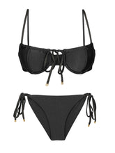 Load image into Gallery viewer, Product Front: Rio De Sol Ensemble Set Shimmer-Black Balconet-Tie Cheeky-Tie-Gold

