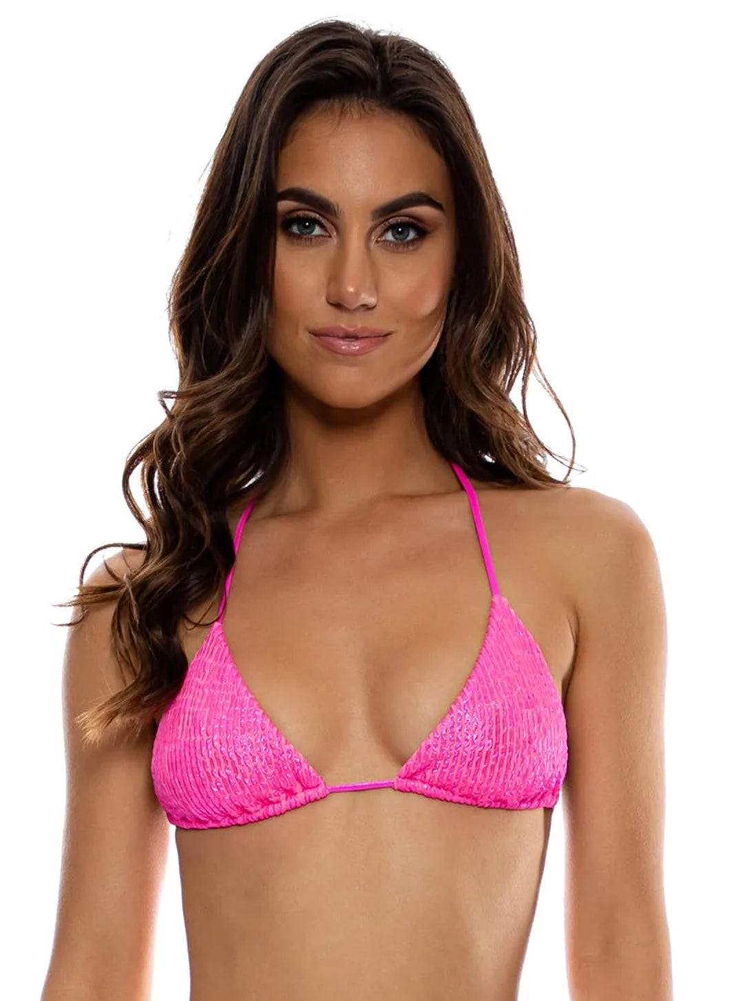 Model Front: Luli Fama Haut Top Wavy Ruched Bella Metallic Hot Pink