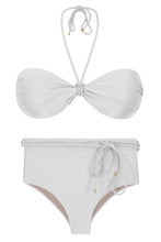 Load image into Gallery viewer, Product Front: Rio De Sol Ensemble Set Shimmer-White Twist Belted-High-Waist
